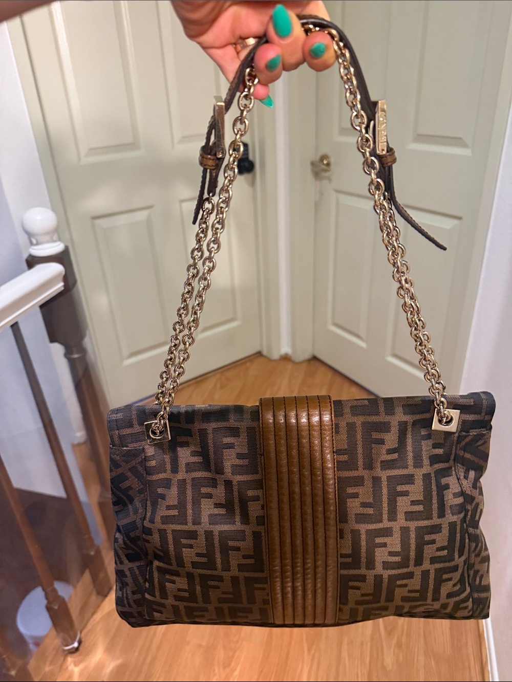 Fendi Brown Zucca FF-Logo Shoulder:Crossbody Bag with Tan Leather Trim - Picture 3 of 13